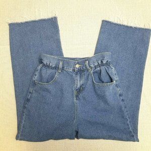 Boohoo Women's Size 4 Mom Jeans Crop Elastic Waist Blue Denim Pants Frayed Hem